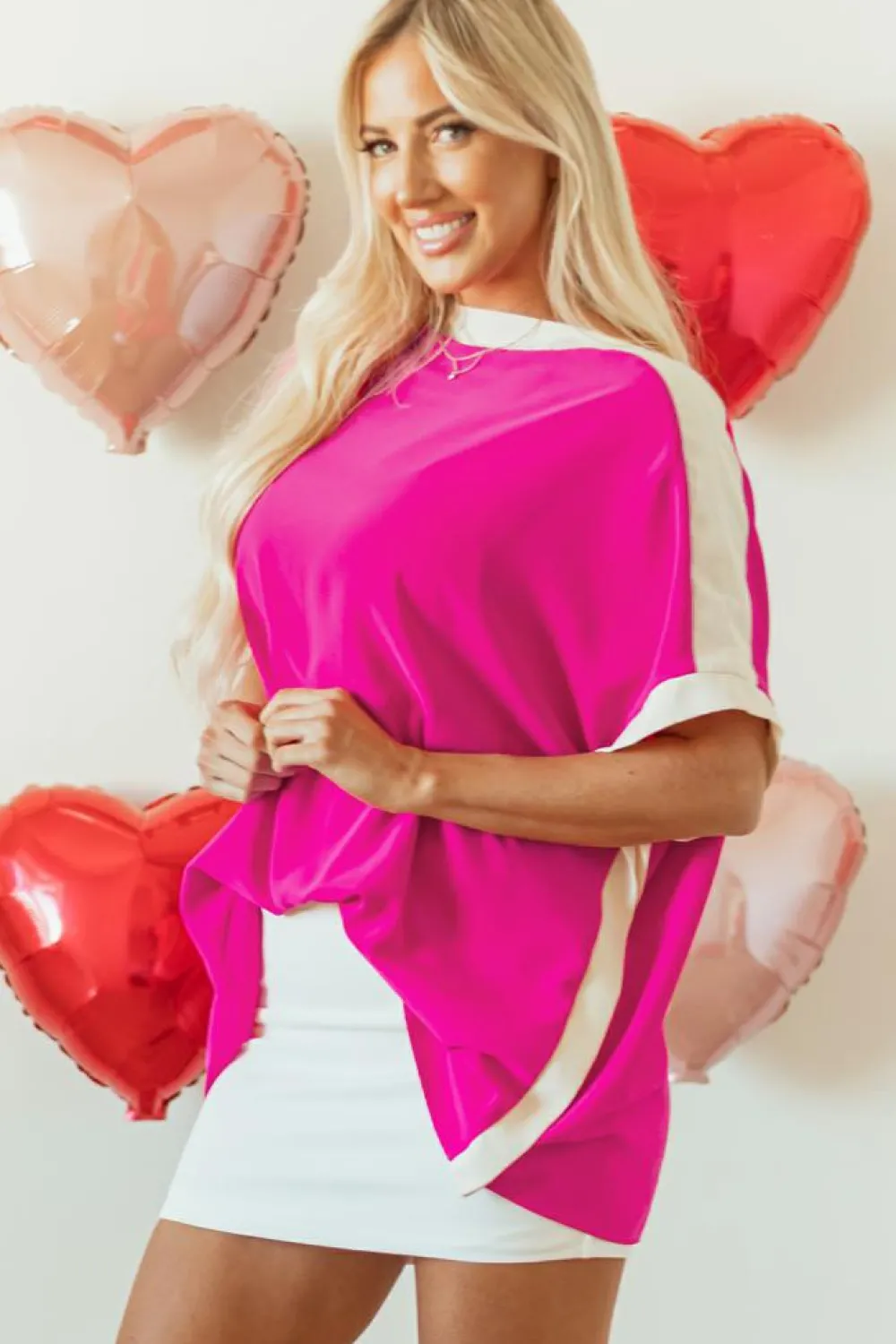 Sale Dear-Lover Oversized Color Block Boat Neck Tunic Blouse Rose Red