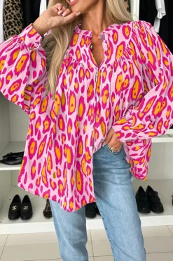 Sale Dear-Lover Oversized Leopard Print Balloon Sleeve Casual Shirt Rose Red