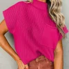 Best Dear-Lover Patch Pocket Ribbed Knit Short Sleeve Sweater Rose Red