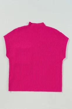 Best Dear-Lover Patch Pocket Ribbed Knit Short Sleeve Sweater Rose Red