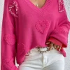 Discount Dear-Lover Pearl Embellished Fuzzy Hearts V Neck Sweater Rose Red