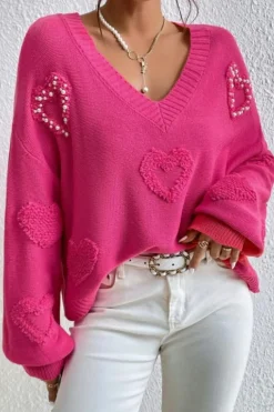 Discount Dear-Lover Pearl Embellished Fuzzy Hearts V Neck Sweater Rose Red