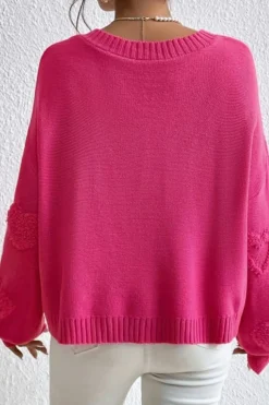 Discount Dear-Lover Pearl Embellished Fuzzy Hearts V Neck Sweater Rose Red