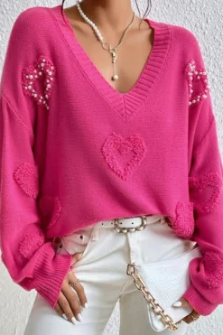 Discount Dear-Lover Pearl Embellished Fuzzy Hearts V Neck Sweater Rose Red