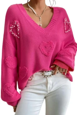 Discount Dear-Lover Pearl Embellished Fuzzy Hearts V Neck Sweater Rose Red