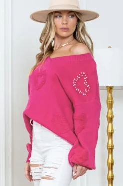 Discount Dear-Lover Pearl Embellished Fuzzy Hearts V Neck Sweater Rose Red
