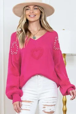 Discount Dear-Lover Pearl Embellished Fuzzy Hearts V Neck Sweater Rose Red