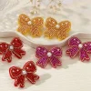 Hot Dear-Lover Pearl Rice Bead Bow Knot Shape Stud Earrings Rose Red