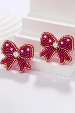 Hot Dear-Lover Pearl Rice Bead Bow Knot Shape Stud Earrings Rose Red