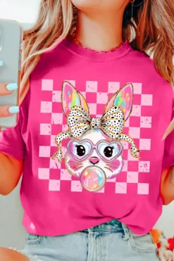 Sale Dear-Lover Plaid Bubble Gum Rabbit Graphic Eater T Shirt Rose Red