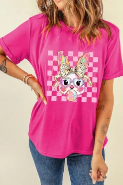 Sale Dear-Lover Plaid Bubble Gum Rabbit Graphic Eater T Shirt Rose Red