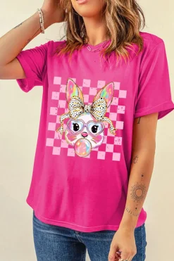Sale Dear-Lover Plaid Bubble Gum Rabbit Graphic Eater T Shirt Rose Red