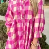 Discount Dear-Lover Plaid Collared Bracelet Sleeve Shirt Flare Mini Dress Rose Red
