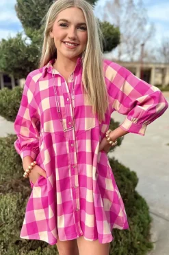 Discount Dear-Lover Plaid Collared Bracelet Sleeve Shirt Flare Mini Dress Rose Red