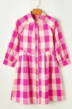 Discount Dear-Lover Plaid Collared Bracelet Sleeve Shirt Flare Mini Dress Rose Red