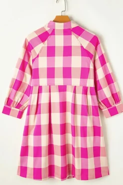 Discount Dear-Lover Plaid Collared Bracelet Sleeve Shirt Flare Mini Dress Rose Red