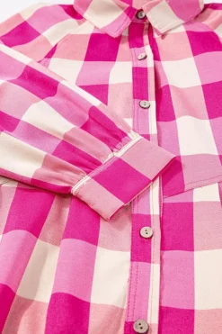 Discount Dear-Lover Plaid Collared Bracelet Sleeve Shirt Flare Mini Dress Rose Red