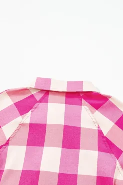 Discount Dear-Lover Plaid Collared Bracelet Sleeve Shirt Flare Mini Dress Rose Red