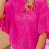 Fashion Dear-Lover Pointelle Knit Scallop Edge Short Sleeve Top Rose Red
