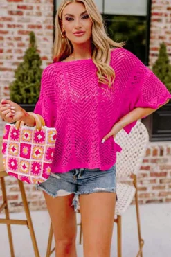 Fashion Dear-Lover Pointelle Knit Scallop Edge Short Sleeve Top Rose Red