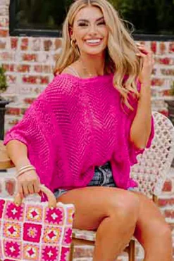 Fashion Dear-Lover Pointelle Knit Scallop Edge Short Sleeve Top Rose Red