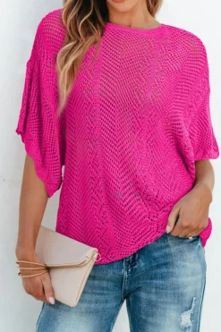 Fashion Dear-Lover Pointelle Knit Scallop Edge Short Sleeve Top Rose Red