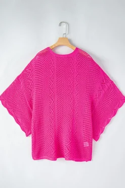 Fashion Dear-Lover Pointelle Knit Scallop Edge Short Sleeve Top Rose Red