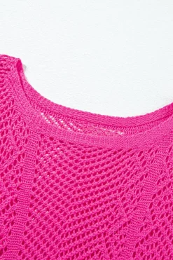Fashion Dear-Lover Pointelle Knit Scallop Edge Short Sleeve Top Rose Red