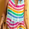 Outlet Dear-Lover Rainbow Stripes Ruffled Hem Drawstring V Neck Tank Top Rose Red