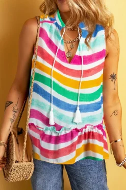 Outlet Dear-Lover Rainbow Stripes Ruffled Hem Drawstring V Neck Tank Top Rose Red