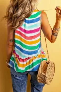 Outlet Dear-Lover Rainbow Stripes Ruffled Hem Drawstring V Neck Tank Top Rose Red