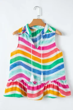 Outlet Dear-Lover Rainbow Stripes Ruffled Hem Drawstring V Neck Tank Top Rose Red