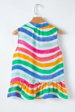 Outlet Dear-Lover Rainbow Stripes Ruffled Hem Drawstring V Neck Tank Top Rose Red