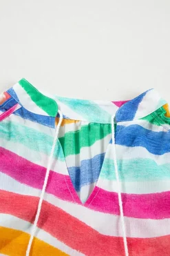 Outlet Dear-Lover Rainbow Stripes Ruffled Hem Drawstring V Neck Tank Top Rose Red