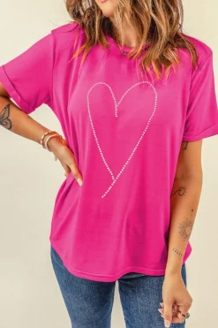 Hot Dear-Lover Rhinestone Heart Graphic Crew Neck Valentines Tee Rose Red