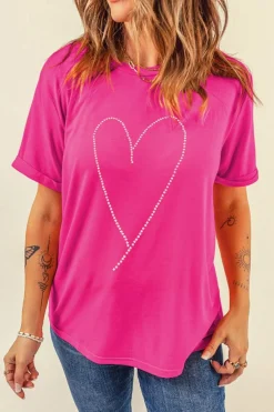 Hot Dear-Lover Rhinestone Heart Graphic Crew Neck Valentines Tee Rose Red