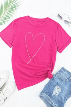 Hot Dear-Lover Rhinestone Heart Graphic Crew Neck Valentines Tee Rose Red