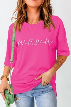 Best Dear-Lover Rhinestoned MAMA Graphic Drop Shoulder Half Sleeve Tee Rose Red