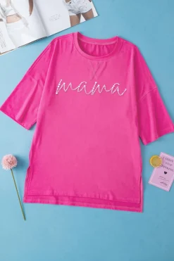 Best Dear-Lover Rhinestoned MAMA Graphic Drop Shoulder Half Sleeve Tee Rose Red