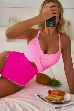 Best Dear-Lover Ric Rac Trim Contrasted Patchwork Cutout One Piece Swimsuit Rose Red
