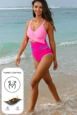 Best Dear-Lover Ric Rac Trim Contrasted Patchwork Cutout One Piece Swimsuit Rose Red