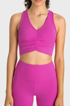 New Dear-Lover Ruched V Neck Active Cropped Tank Rose Red