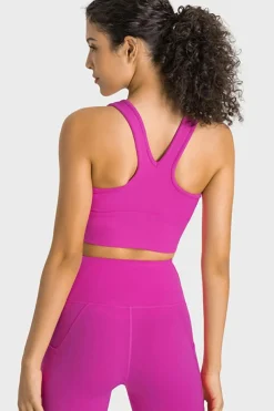 New Dear-Lover Ruched V Neck Active Cropped Tank Rose Red