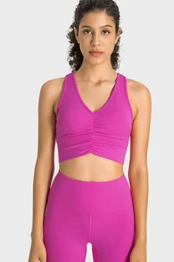 New Dear-Lover Ruched V Neck Active Cropped Tank Rose Red
