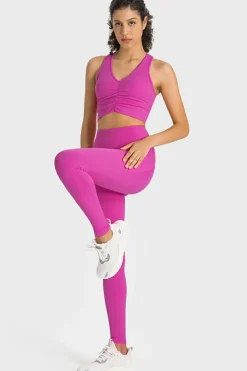 New Dear-Lover Ruched V Neck Active Cropped Tank Rose Red