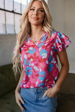 Best Dear-Lover Ruffled Sleeve Floral Blouse Rose Red