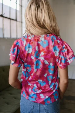Best Dear-Lover Ruffled Sleeve Floral Blouse Rose Red