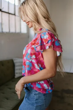 Best Dear-Lover Ruffled Sleeve Floral Blouse Rose Red