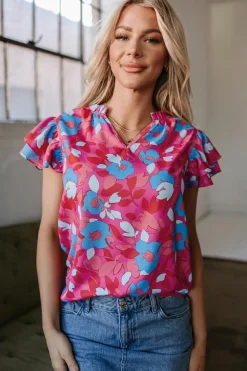 Best Dear-Lover Ruffled Sleeve Floral Blouse Rose Red