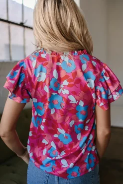 Best Dear-Lover Ruffled Sleeve Floral Blouse Rose Red
